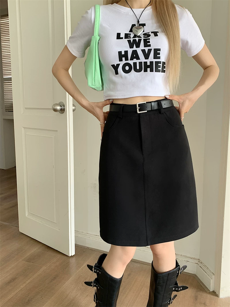 Váy midi kiểu vest màu xám dành cho nữ, cỡ lớn, cạp cao, che hông, thiết kế mùa hè, kiểu dáng chữ A ngắn.