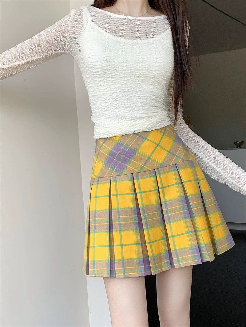 Váy xếp ly kẻ sọc vàng cổ điển kiểu Mỹ mùa hè cỡ lớn eo cao váy ngắn giảm béo váy kẻ sọc chữ A ôm hông dành cho nữ