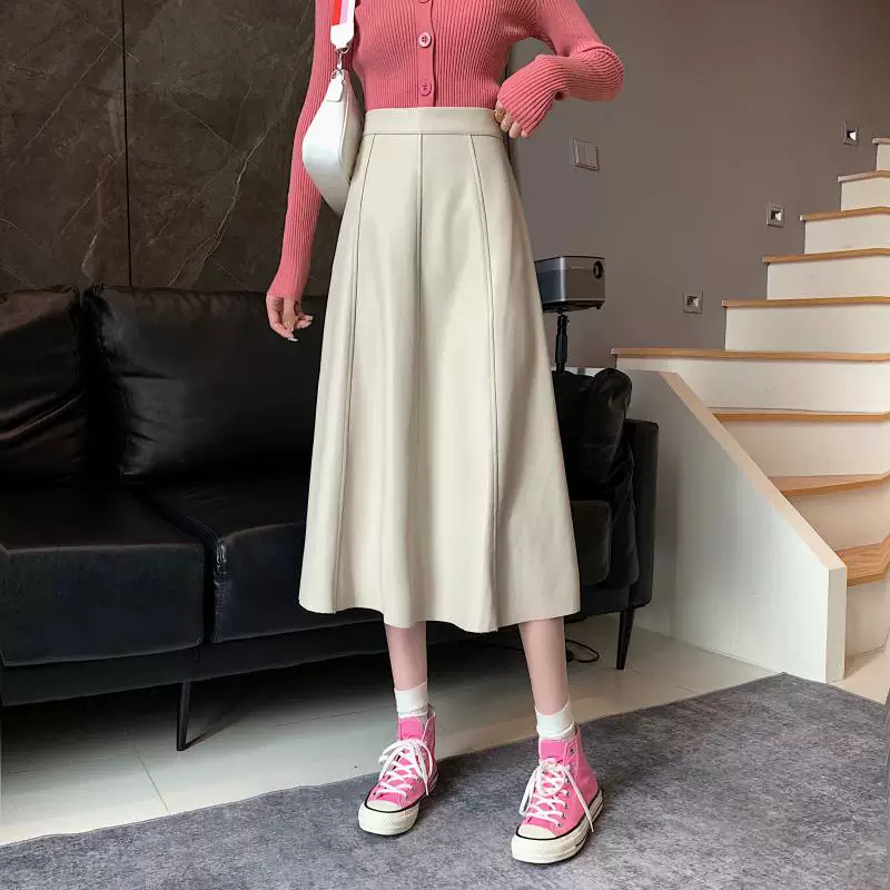 Váy da PU cạp cao cỡ lớn dành cho nữ, váy dài che bụng màu trơn mùa thu đông, váy chữ A thon gọn cho dáng quả lê.