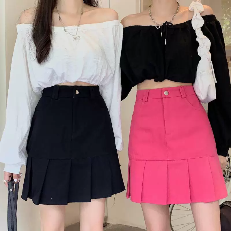 Váy denim xếp ly màu đỏ hồng lưng cao dành cho nữ, phong cách Hàn Quốc mùa thu, cỡ lớn, váy ngắn chữ A tôn dáng, váy ôm sát nửa thân.