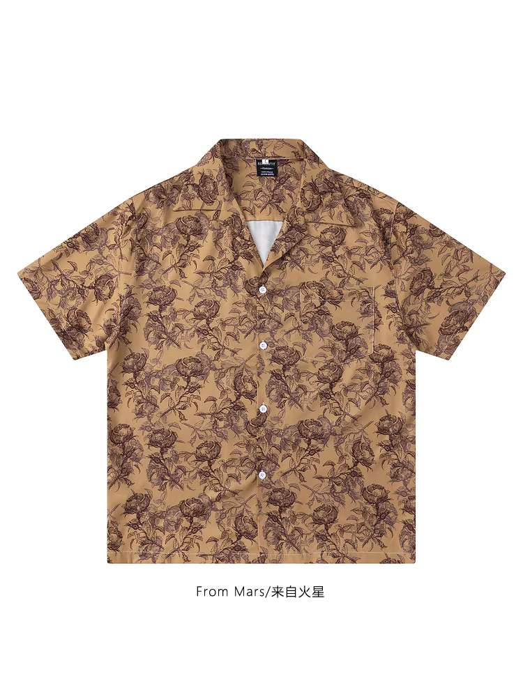 Áo sơ mi ngắn tay dáng rộng cổ Cuba in họa tiết hoa phong cách Trung Hoa mới của Mars Dance with Flowers dành cho mùa hè