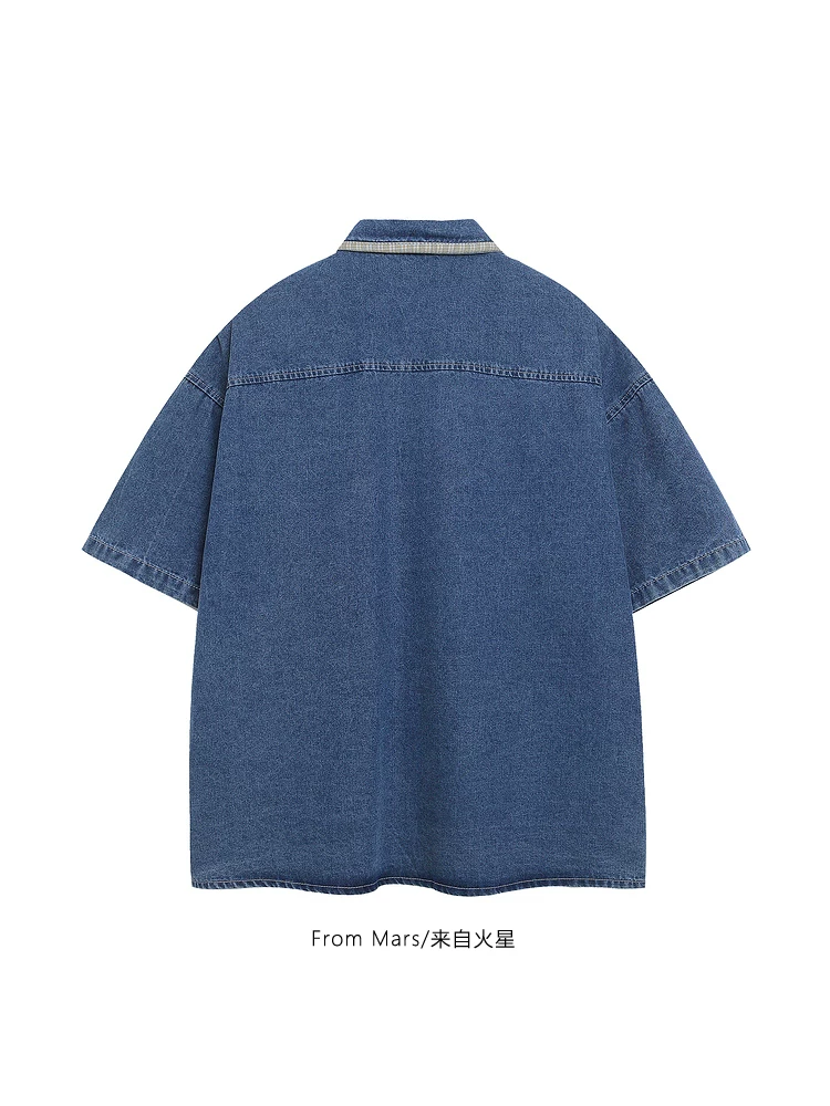 Từ sao Hỏa trang trí hoa theo xu hướng quốc gia retro cổ điển thêu denim unisex áo sơ mi ngắn tay dáng rộng mùa hè