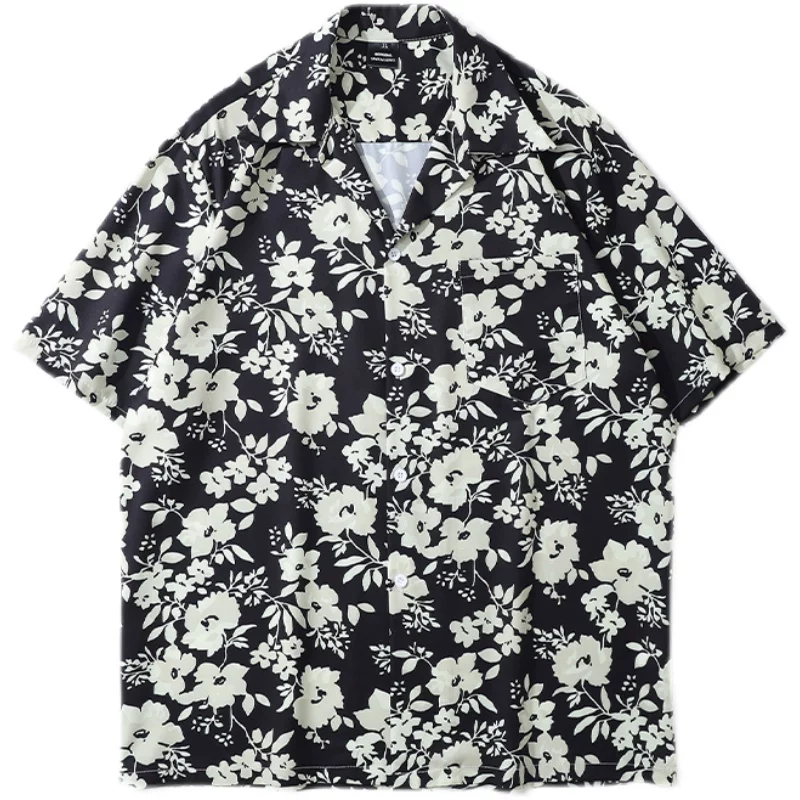 Từ Sao Hỏa Áo sơ mi ngắn tay kiểu Hawaii màu đen trắng Camellia Nhật Bản kiểu cổ điển Unisex BF dáng rộng và thoải mái