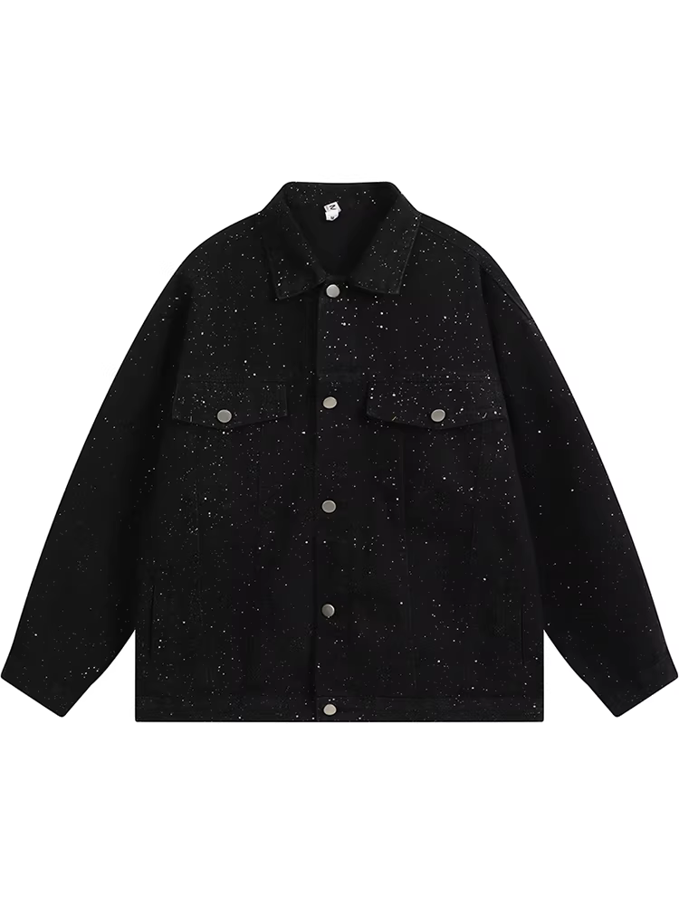 From Mars Stars in the Night Sky American Pop High Street Áo khoác denim dài tay đính pha lê lấp lánh