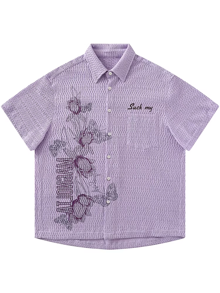 From Mars Floral Butterfly Xu hướng quốc gia In hoa Phong cách lười biếng Áo sơ mi ngắn tay dáng rộng cổ điển giản dị