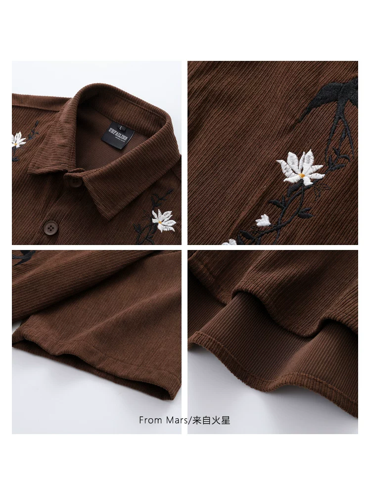 Từ sao Hỏa Hoa mùa hè không bao giờ thất bại Thêu hoa cổ điển Phong cách Hồng Kông Áo sơ mi ngắn tay dáng rộng bằng vải nhung mùa hè BF