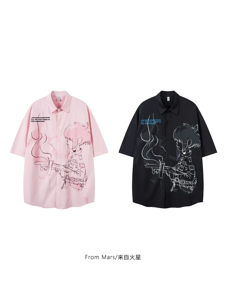 Áo sơ mi ngắn tay mùa hè in họa tiết graffiti Nhật Bản tự sắp xếp từ sao Hỏa dành cho nam và nữ