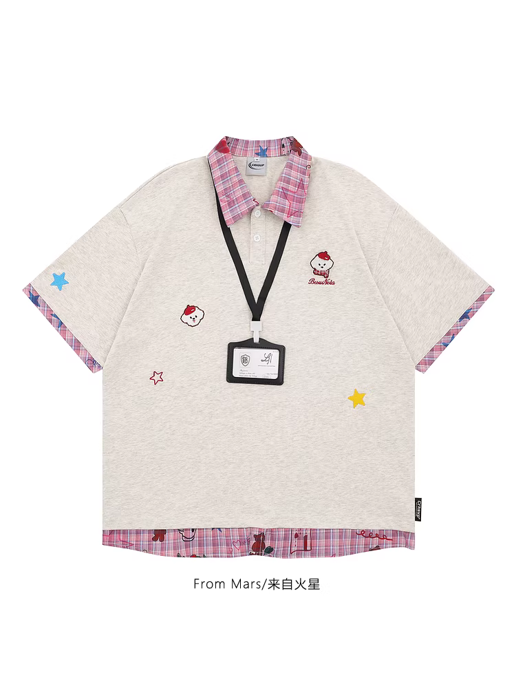 From Mars Happy Puppy Fake Two-Piece College Style Áo thun ngắn tay cổ polo dáng rộng Unisex Top BF