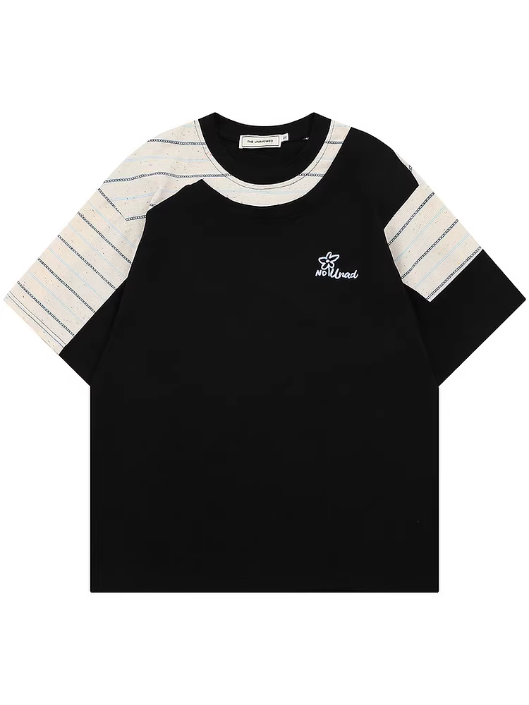 From Mars Full of Heart Thương hiệu thời trang hợp thời trang Áo thun sọc cổ điển chắp vá dáng rộng tay ngắn mùa hè Ins