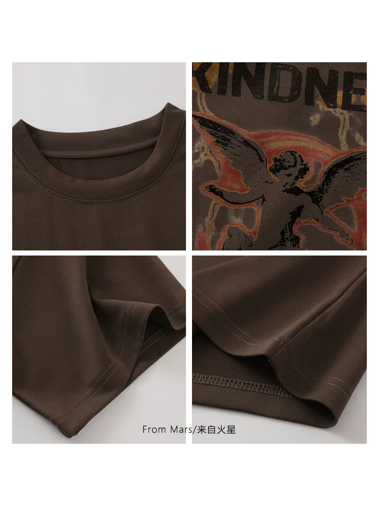 From Mars Wings Girl phong cách retro đường phố cao cấp thiên thần giản dị áo thun ngắn tay đa năng unisex
