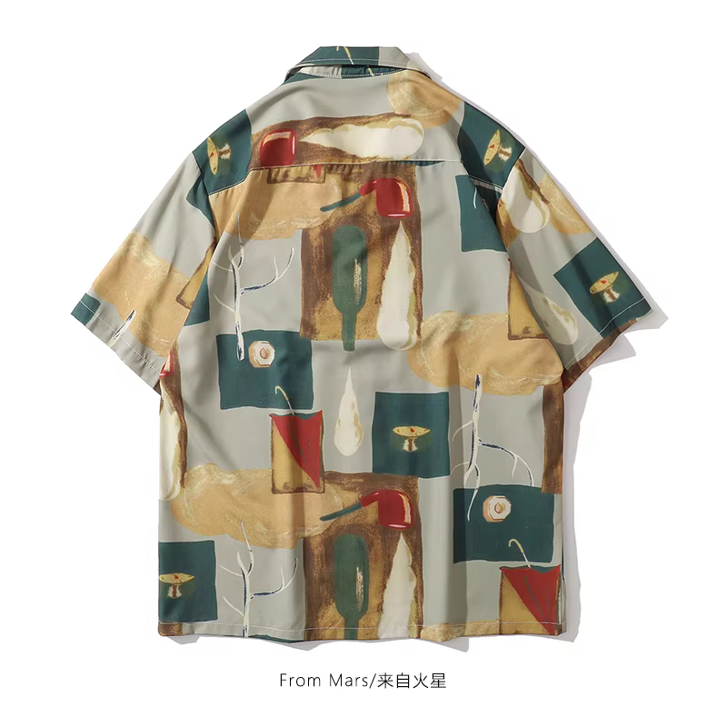 Từ sao Hỏa bàn ăn màu nâu cổ điển in tranh sơn dầu cổ điển áo sơ mi ngắn tay nam dáng rộng lười biếng phong cách bf