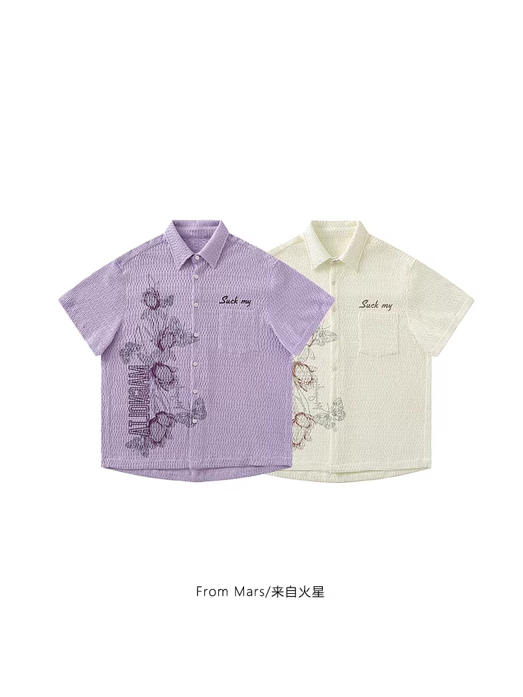 From Mars Floral Butterfly Xu hướng quốc gia In hoa Phong cách lười biếng Áo sơ mi ngắn tay dáng rộng cổ điển giản dị