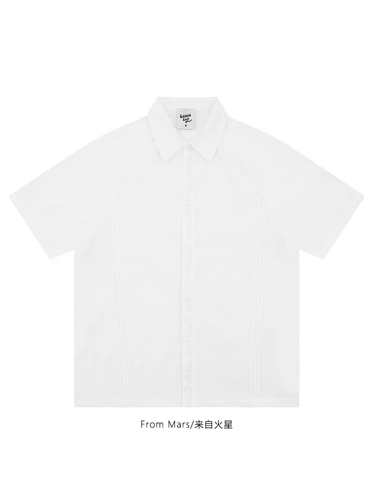 Từ sao Hỏa biến mất vào hư không Áo sơ mi ngắn tay phong cách tối giản cổ điển Nhật Bản dành cho cặp đôi thời trang đa năng