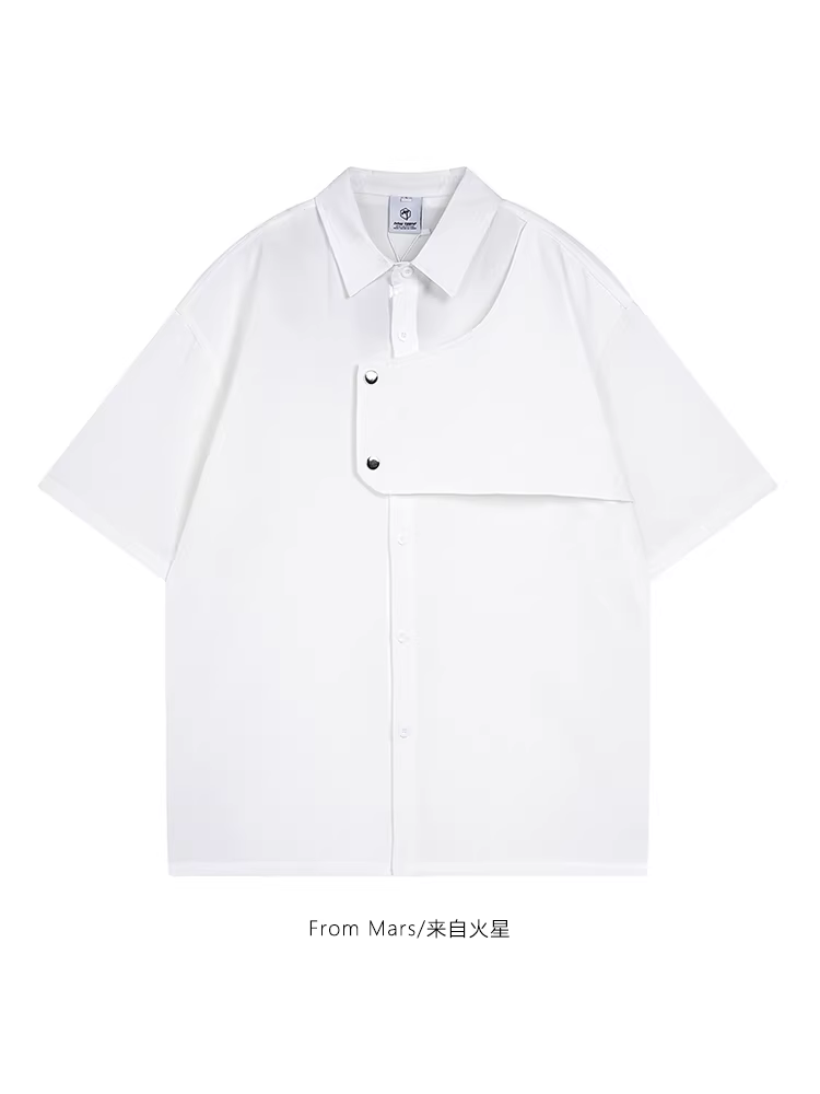 Từ Sao Hỏa Áo sơ mi ngắn tay kiểu Nhật Bản tự đóng cửa kiểu dáng không đều, kiểu dáng rộng, màu trơn, trang phục công sở, xu hướng dành cho cặp đôi