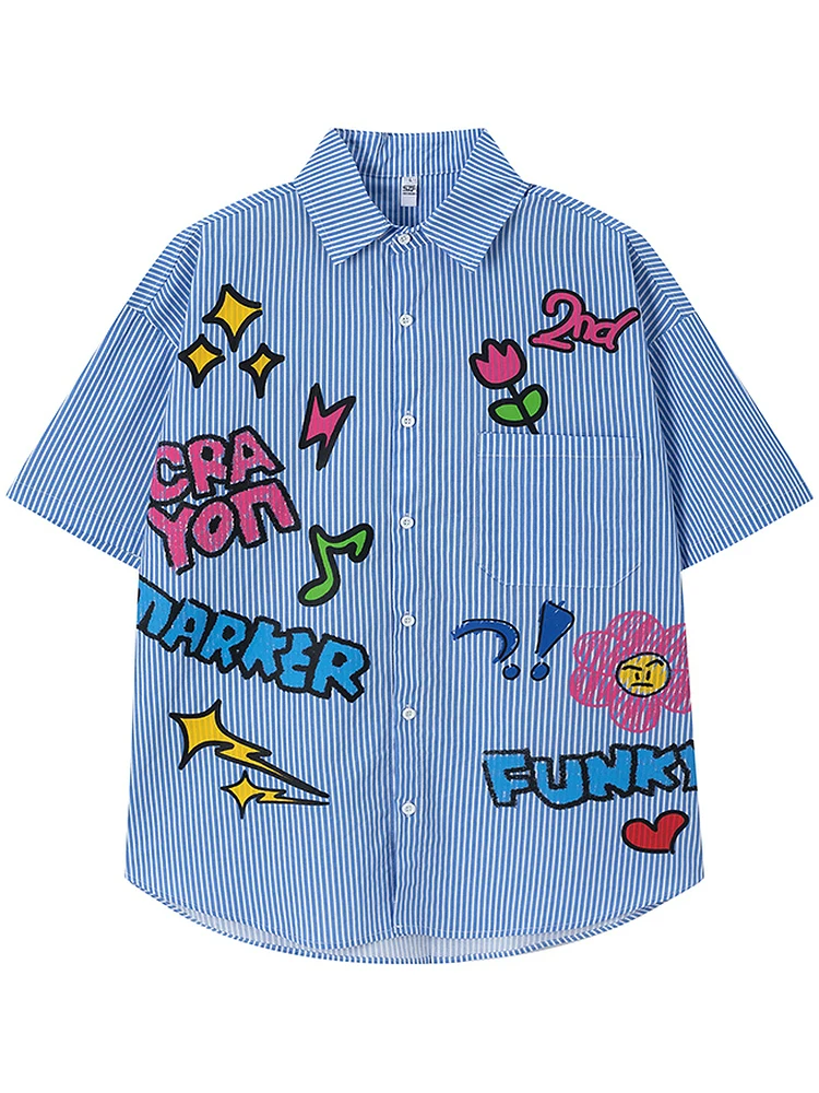 From Mars Sunny Day Fun Design In sọc sành điệu Áo sơ mi ngắn tay mùa hè dáng rộng Ins