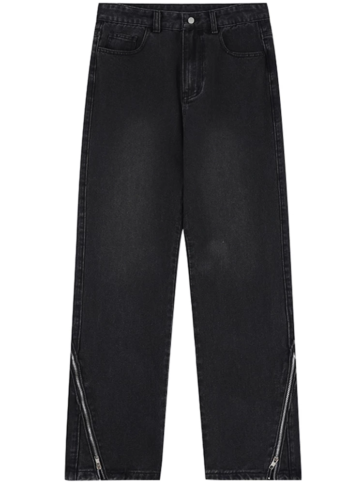 Từ Mars Thiết kế dây kéo cổ điển kiểu Nhật Bản quần jean ống thẳng unisex quần ống rộng dáng rộng thông thường