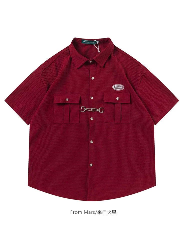 Từ sao Hỏa, bước vào thế giới của màu sắc: Áo sơ mi ngắn tay unisex màu trơn phong cách đường phố Trung Quốc, dáng rộng, thoải mái.