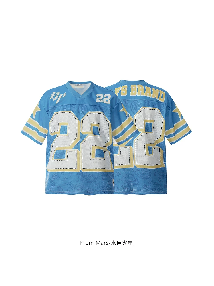 Từ Mars Sports Cell Áo thun ngắn tay dáng rộng cổ chữ V in họa tiết thể thao theo phong cách Mỹ dành cho nam và nữ