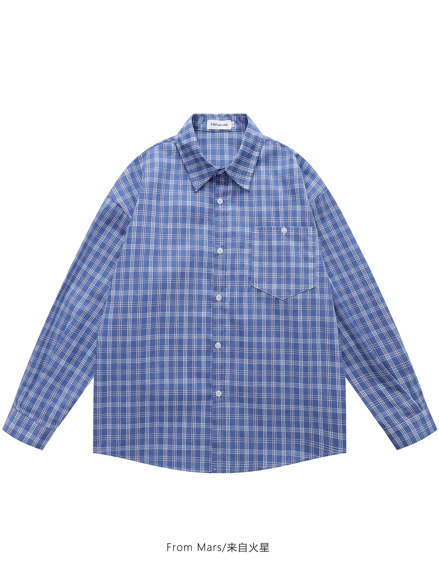 Áo sơ mi dài tay kẻ caro màu xanh từ sao Hỏa Thiết kế giản dị Áo sơ mi cổ điển dáng rộng phong cách lười biếng Ins