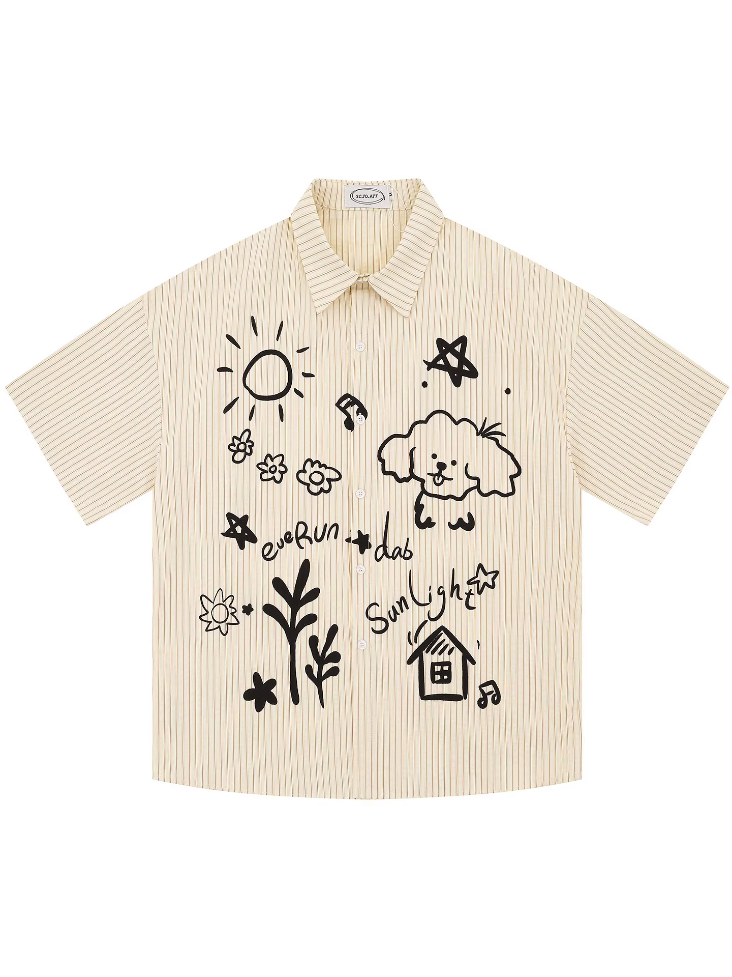 From Mars Big Yellow Dog Fun Graffiti Print Áo sơ mi ngắn tay mùa hè Áo sơ mi dáng rộng phong cách đại học Áo sơ mi dáng rộng thông thường