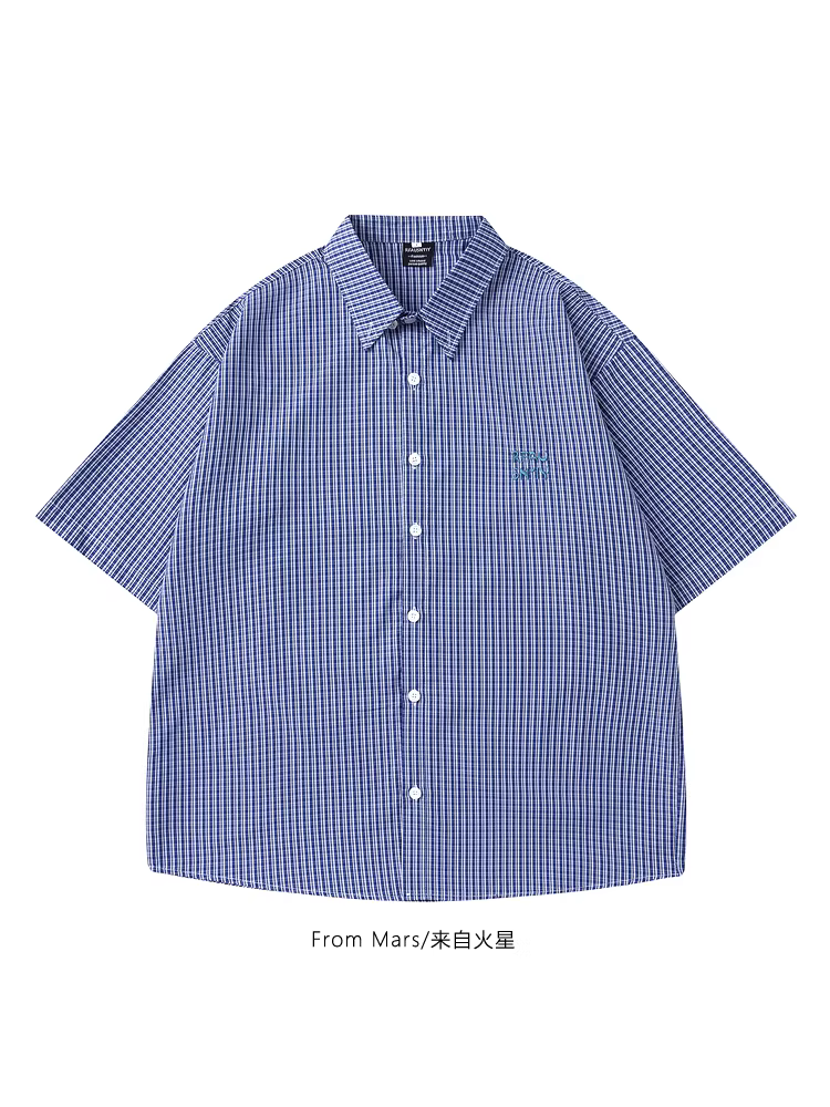 From Mars No Doubt Thương hiệu thời trang theo xu hướng quốc gia Áo sơ mi ngắn tay dáng rộng có cổ kẻ sọc Nhật Bản