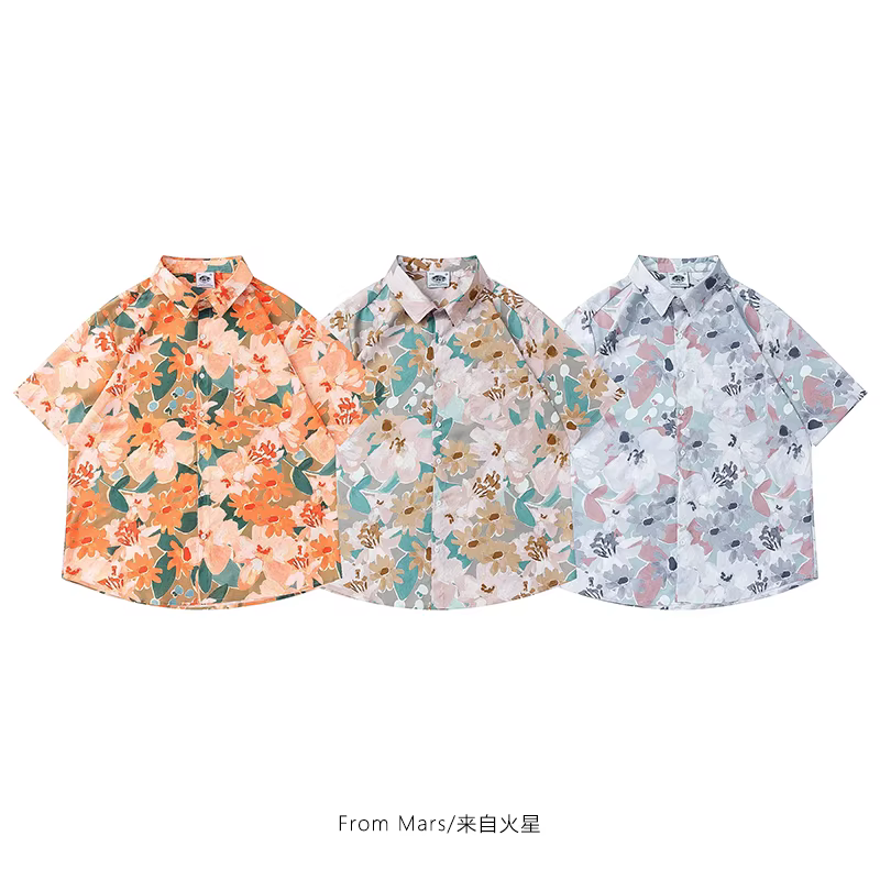 Từ Sao Hỏa Tranh sơn dầu hoa hướng dương màu cam Nghệ thuật cổ điển giản dị Áo sơ mi ngắn tay phong cách Hawaii lười biếng