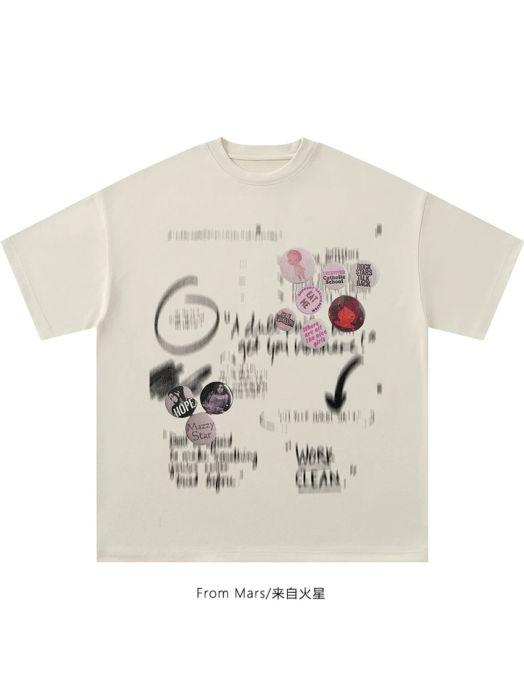 From Mars Life Fun Thương hiệu thời thượng Nhật Bản Vintage Badge Distressed Loose Fit Unisex Áo thun ngắn tay đa năng