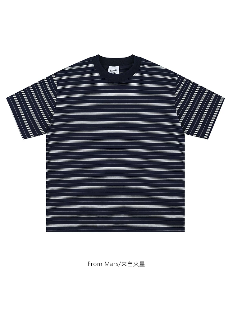 Từ Mars, áo thun ngắn tay unisex dáng rộng cổ tròn phối sọc thời trang đa năng BF được thiết kế lại