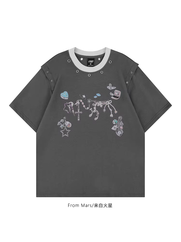 From Mars Collect Treasures Thương hiệu thời thượng Retro In họa tiết sáng tạo Áo thun trễ vai dáng rộng tay ngắn cổ tròn Unisex BF