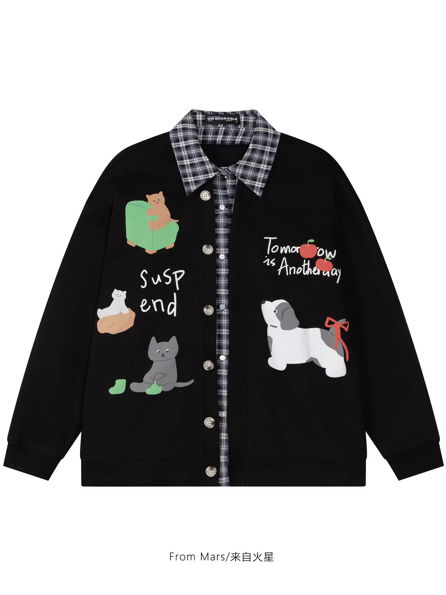 From Mars Cute Time In hình hoạt hình Áo khoác cardigan dáng rộng hai mảnh giả có cổ cài khuy Áo khoác Ins