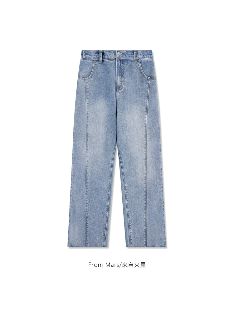 Quần ống rộng thẳng kiểu vintage phong cách Hồng Kông, chất liệu washed, phong cách đường phố, dáng rộng, thoải mái, chất liệu jean.