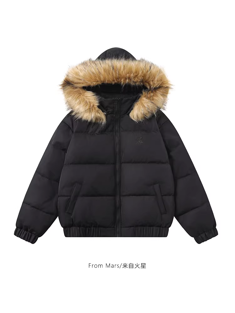 Từ sao Hỏa Another Winter High Street Áo khoác lông cổ lông hợp thời trang màu trơn Áo khoác lông vũ rộng rãi ấm áp có mũ trùm đầu BF