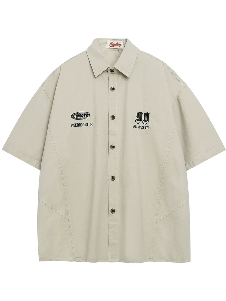 Từ sao Hỏa Du hành thời gian Thêu màu trơn Đơn giản Niche Mùa hè Áo sơ mi ngắn tay dáng rộng Unisex thông thường