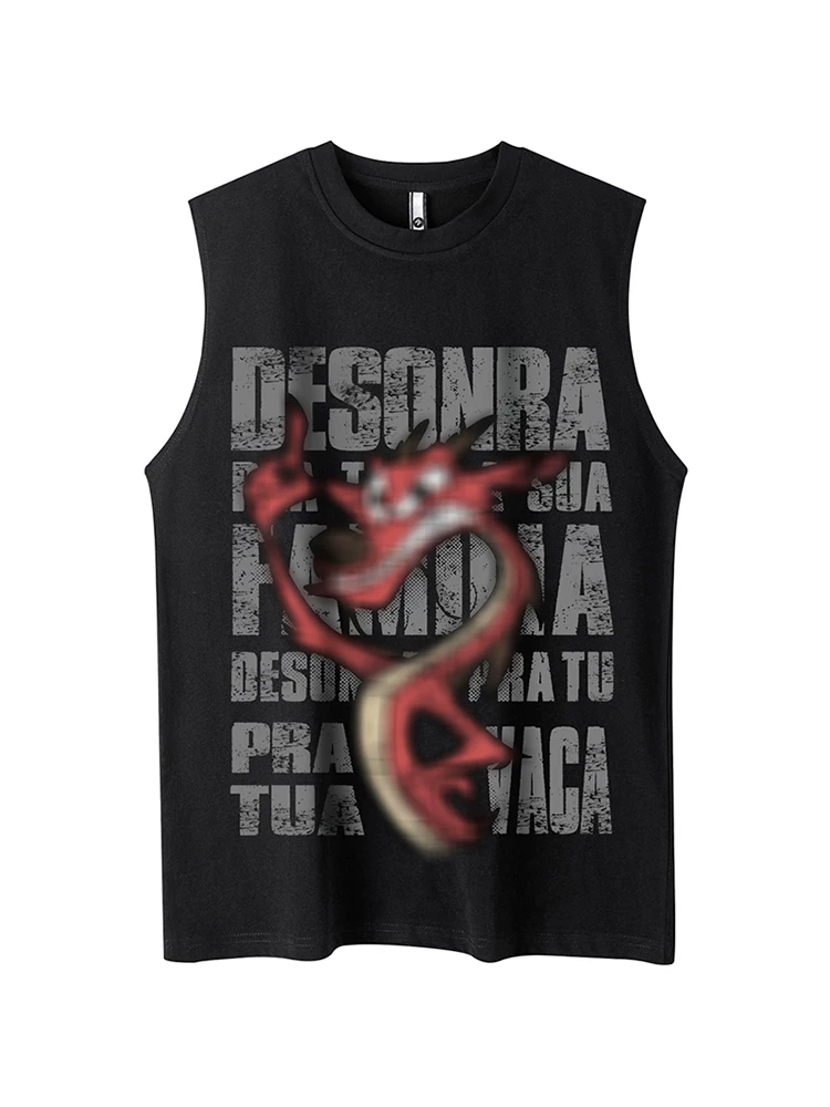 From Mars Stubborn Little Pet American Retro Hip-Hop Letter Print Áo vest không tay dáng rộng cổ tròn Unisex