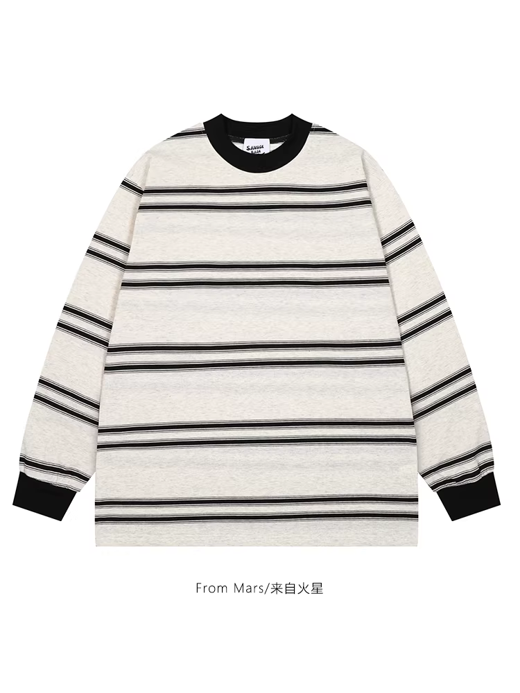 From Mars không có hồi kết, áo thun dài tay dáng rộng cổ tròn thời trang sọc sọc kiểu Nhật Bản dành cho cả nam và nữ.