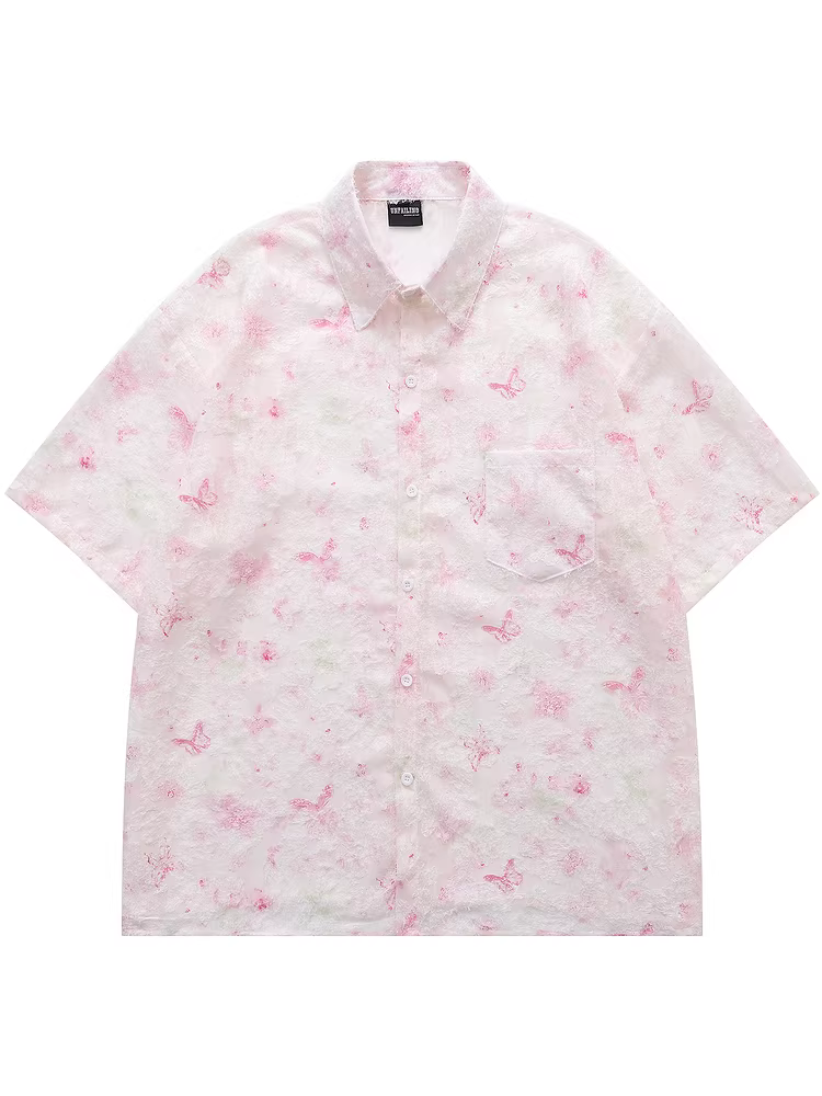 From Mars Happy April Fresh Vintage Butterfly Áo sơ mi ngắn tay dáng rộng giản dị mùa hè BF Top