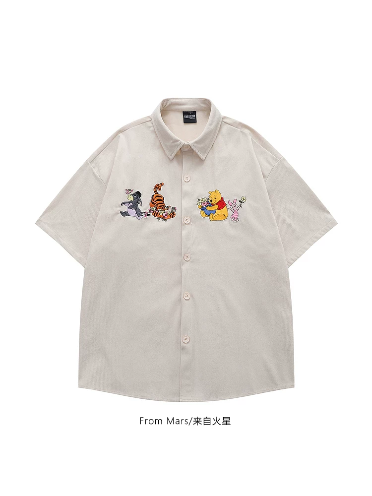 From Mars Little Bear Flowerbed Vintage Phong cách hoạt hình thêu phong cách đại học Niche Loose Unisex Ins Áo sơ mi ngắn tay