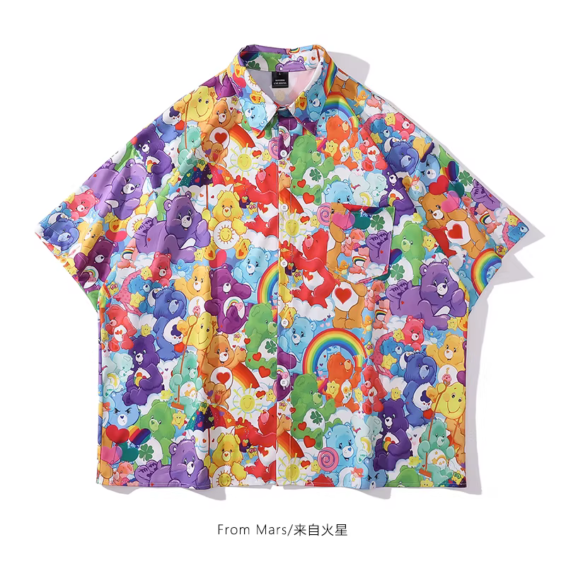 Từ sao Hỏa Áo sơ mi ngắn tay hình gấu hoạt hình vui nhộn theo phong cách Nhật Bản thương hiệu thời thượng dáng rộng đa năng phong cách đại học áo cặp đôi