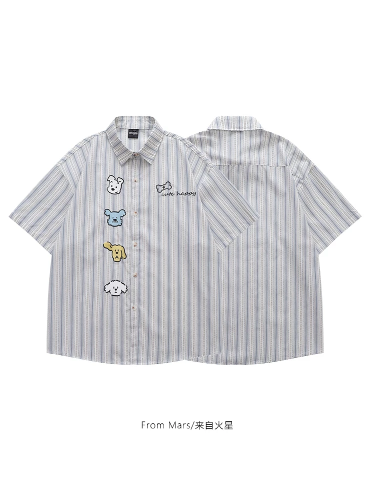 Từ Mars Dog Species Áo sơ mi ngắn tay sọc màu cổ điển hợp thời trang Unisex Niche Loose Casual