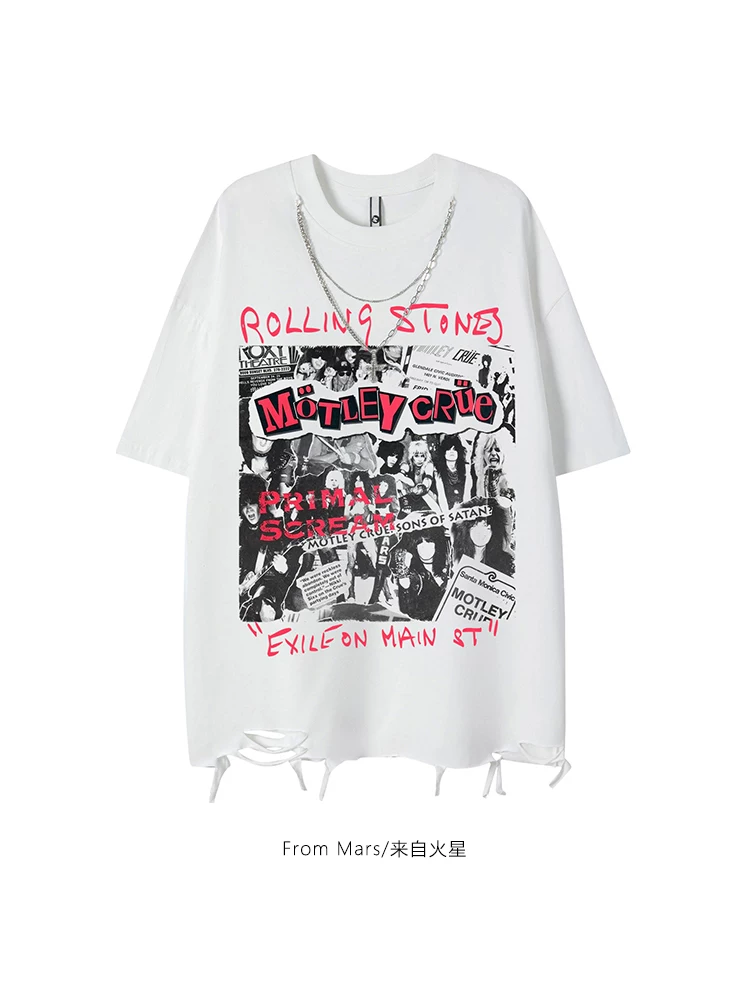 Từ sao Hỏa trở lại với đám đông, mặt dây chuyền hip-hop đường phố thời thượng, áo thun ngắn tay rách, dáng rộng, phong cách cặp đôi BF.
