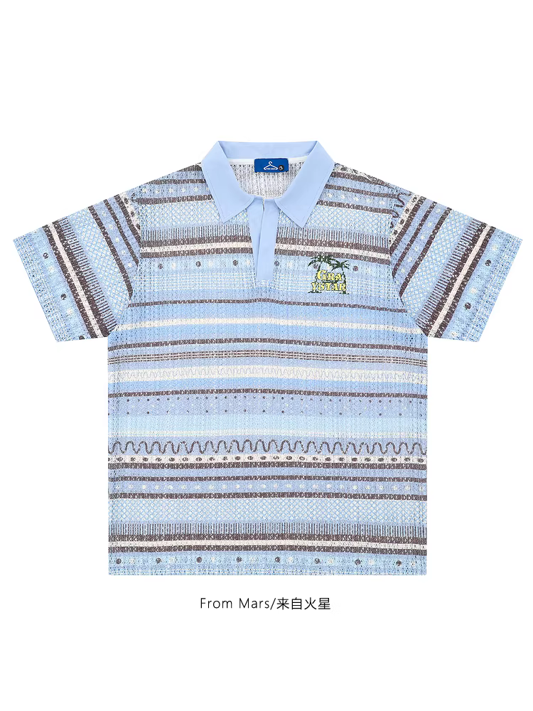 Từ sao Hỏa, đừng lo lắng về điều đó. Áo thun ngắn tay dáng rộng cổ polo dệt kim màu sọc thiết kế nguyên bản dành cho mùa hè.