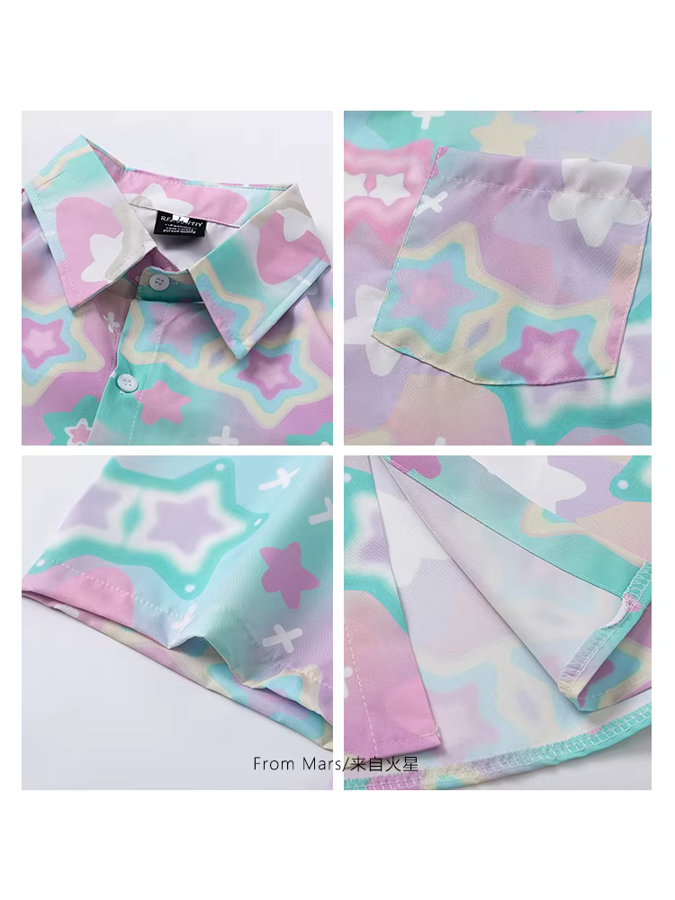 Từ sao Hỏa Bầu trời đầy sao mơ mộng Phong cách Hồng Kông Áo sơ mi ngắn tay in hình ngôi sao đường phố Áo sơ mi dáng rộng có cổ thông thường