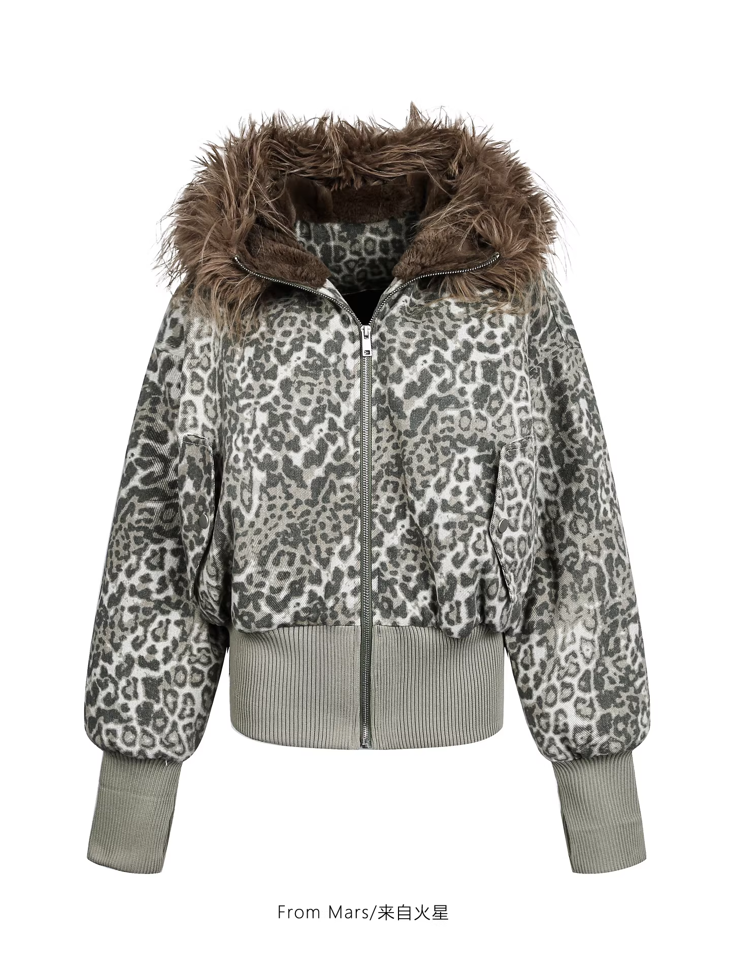 From Mars Sign cho chiếc áo khoác cotton có mũ trùm đầu có cổ lông lớn hạnh phúc