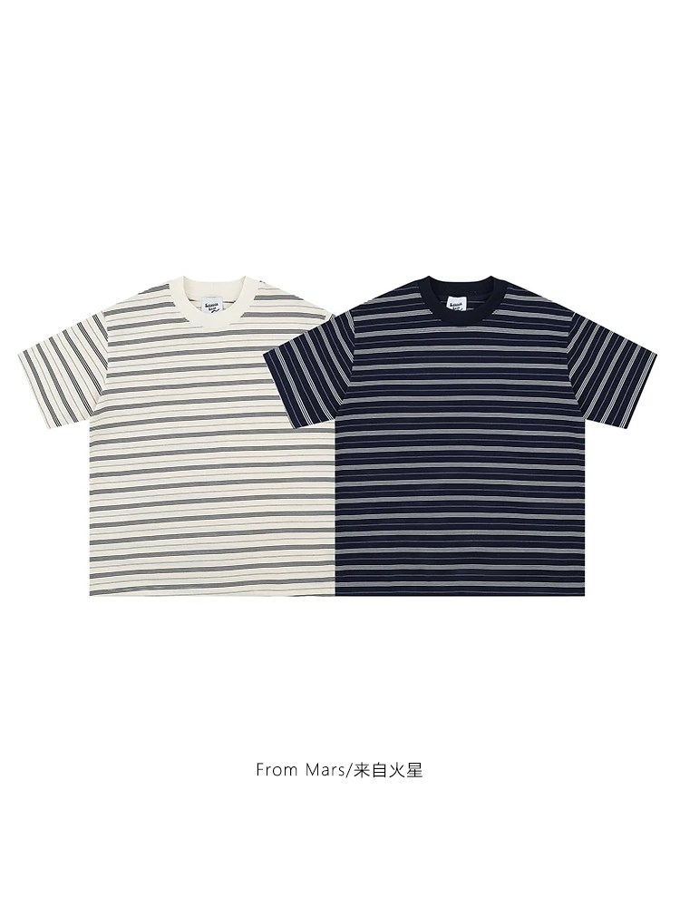 Từ Mars, áo thun ngắn tay unisex dáng rộng cổ tròn phối sọc thời trang đa năng BF được thiết kế lại