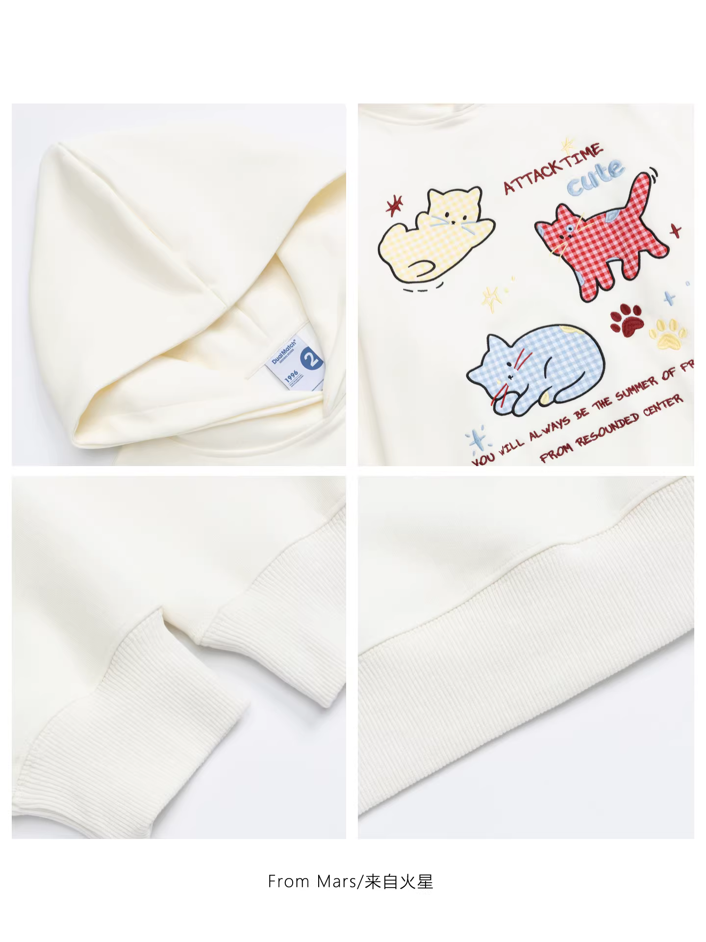 Từ sao Hỏa, ngủ muộn, áo len rộng thùng thình có mũ trùm đầu thêu họa tiết mèo hoạt hình cổ điển kiểu retro