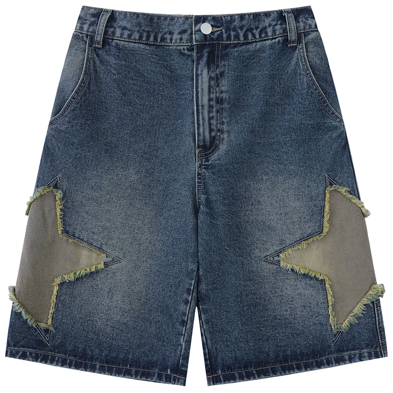 Quần short denim ống thẳng thêu hình ngôi sao theo phong cách đường phố của thương hiệu Mars thời thượng, kiểu dáng rộng rãi, đa năng, dài đến đầu gối