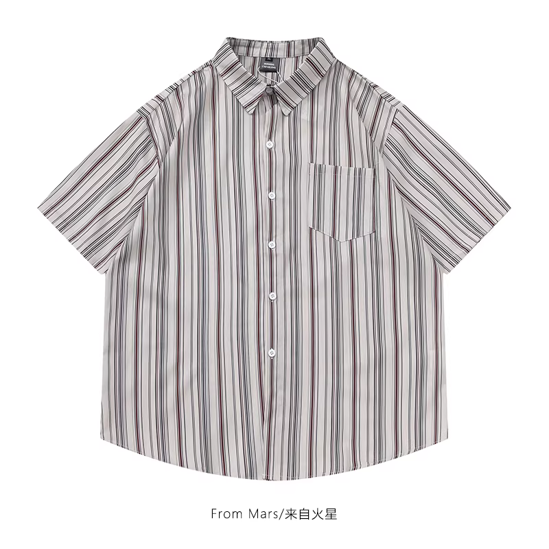 Từ sao Hỏa, áo sơ mi ngắn tay sọc đơn giản phong cách Nhật Bản, áo sơ mi ngắn tay sọc đơn giản, áo sơ mi đa năng, dáng rộng, giản dị