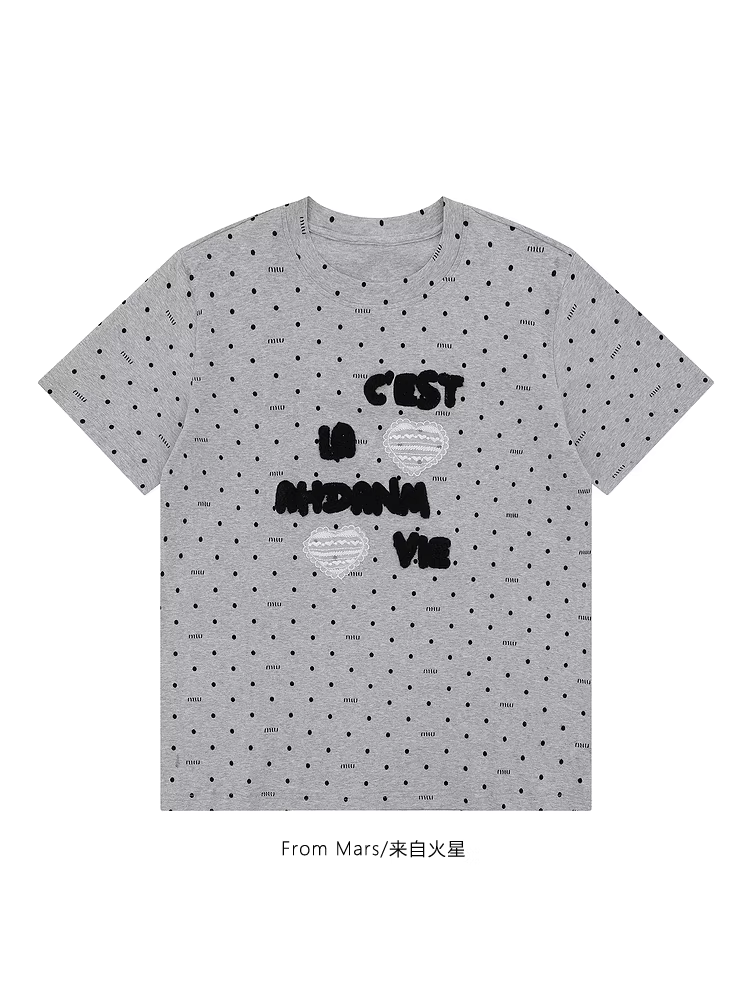 Từ sao Hỏa, rộng rãi và không lo lắng, ren hình trái tim chấm bi cổ điển, lười biếng, rộng rãi, đa năng, áo thun ngắn tay giản dị