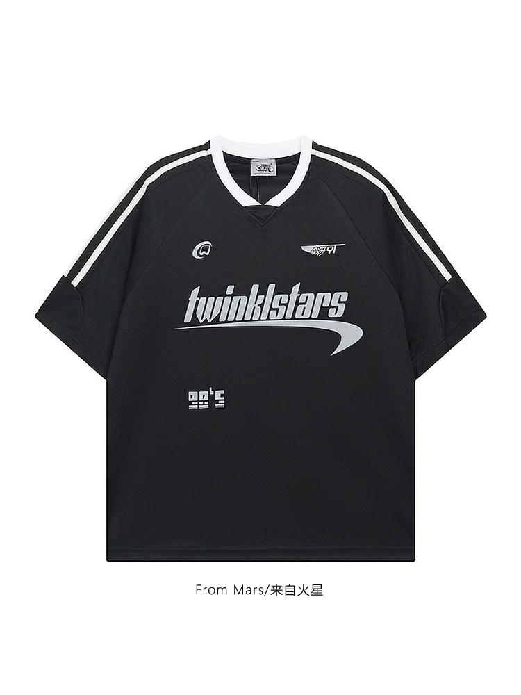 From Mars Summer New Arrivals Nhật Bản Retro Casual thêu chữ dáng rộng cổ chữ V màu khối áo thun ngắn tay BF