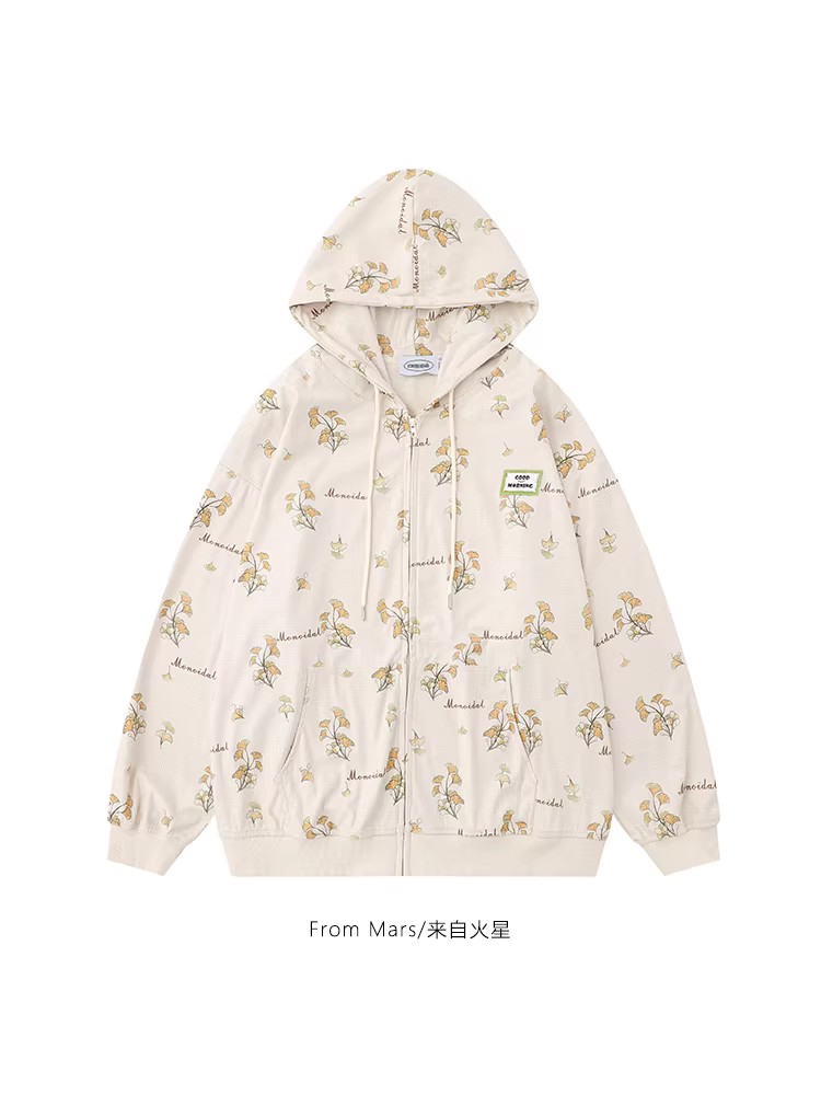 Áo khoác cardigan có mũ in họa tiết lá bạch quả sao Hỏa, phong cách vintage, graffiti, in toàn thân, dáng rộng, unisex, hợp thời trang